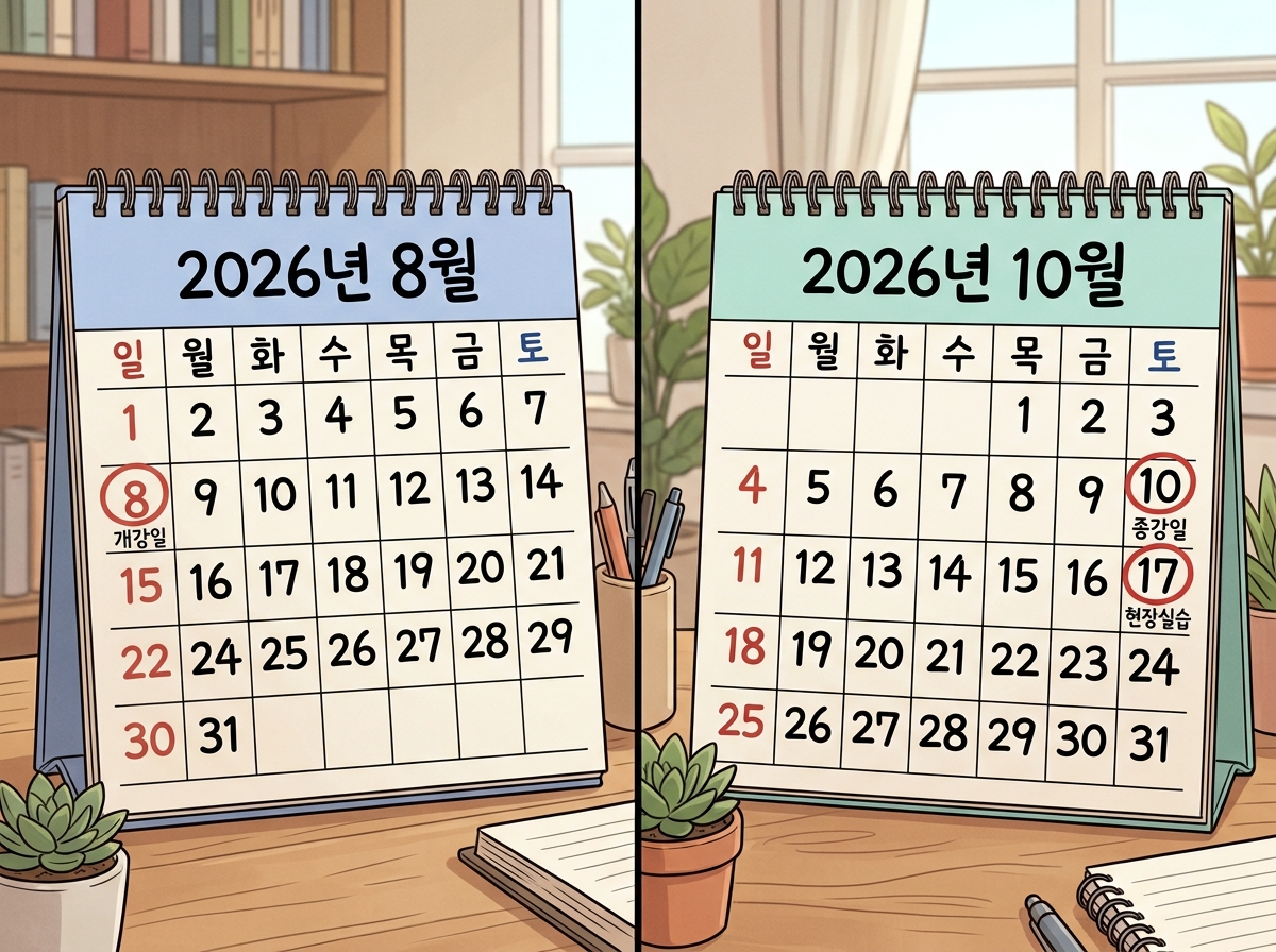 2026년 8월 개강일, 10월 종강일·현장실습일 캘린더